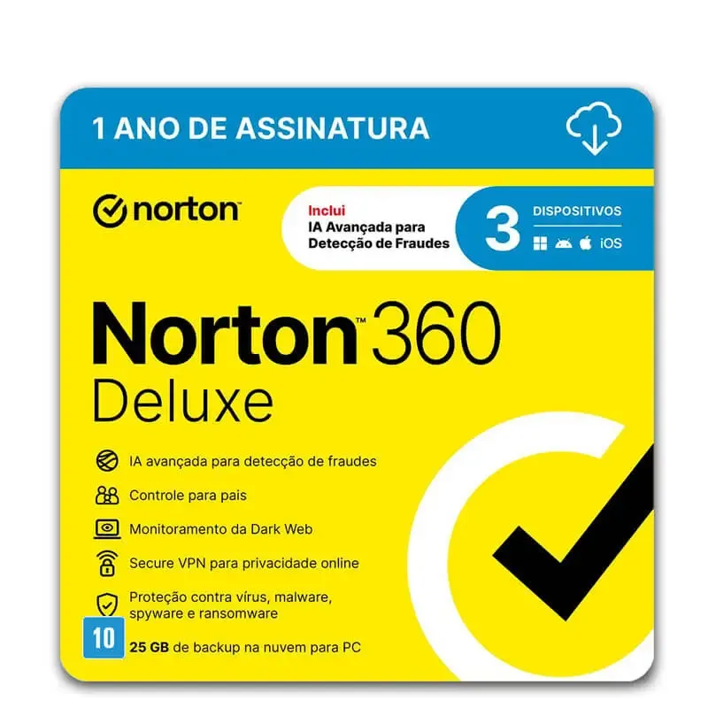 Norton Antivirus 360 Deluxe 25GB 3 Dispositivos 1 Ano